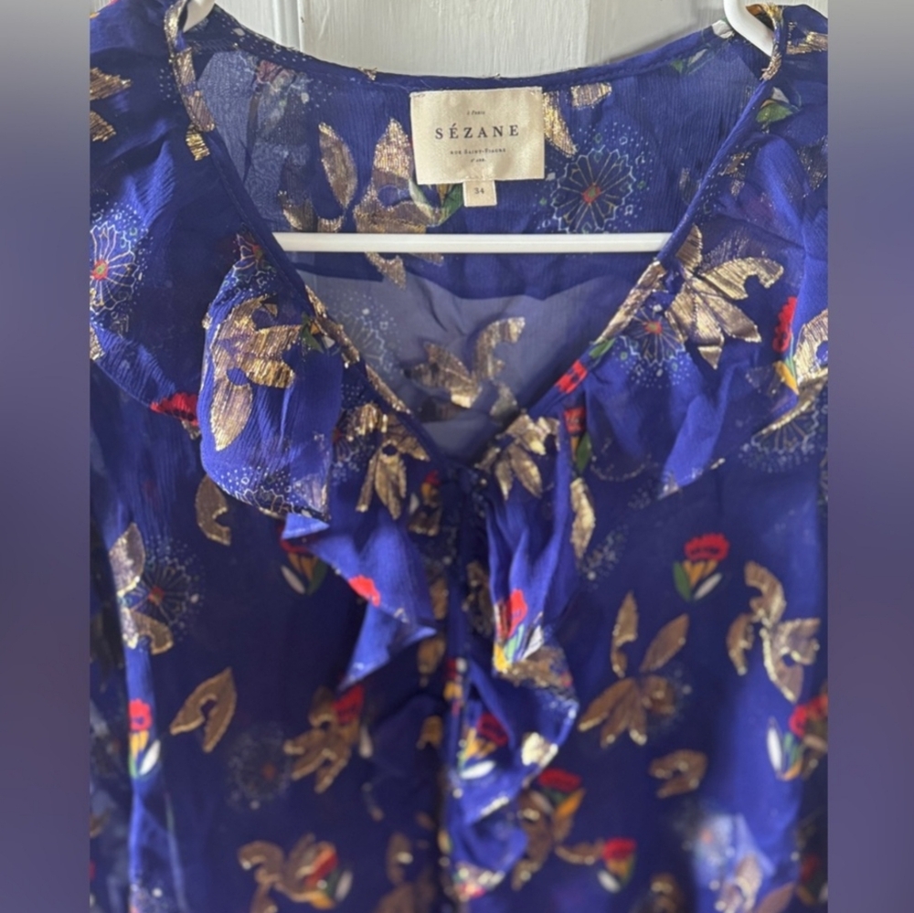 SÉZANE PRISCILLE Ruffle Neck Silk Electric Blue Floral Lurex Blouse 34 NWOT - Picture 8 of 14